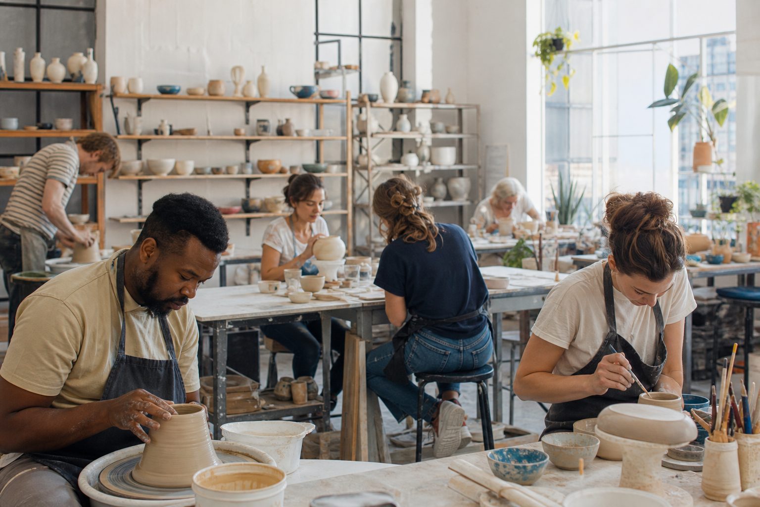 Wide view of a busy bright community pottery studio with people working at tables and wheels