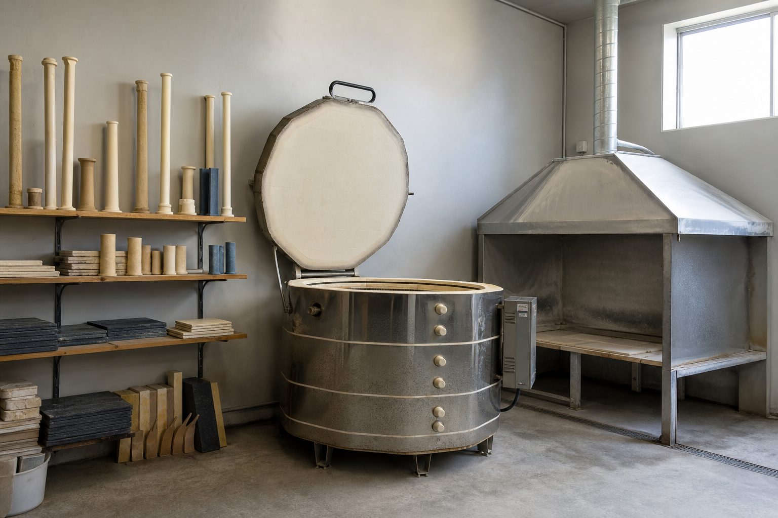 Bright kiln room with an electric kiln, vent hood and stacked kiln shelves