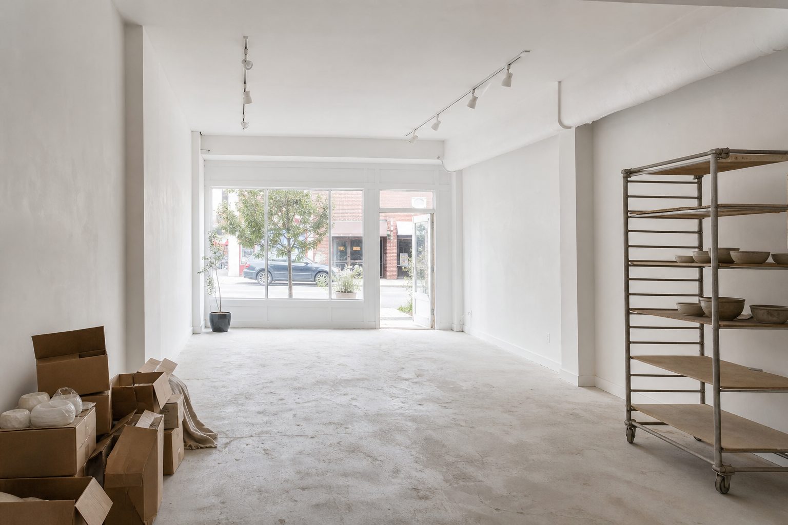 Empty bright storefront being converted into a pottery studio with clay boxes
