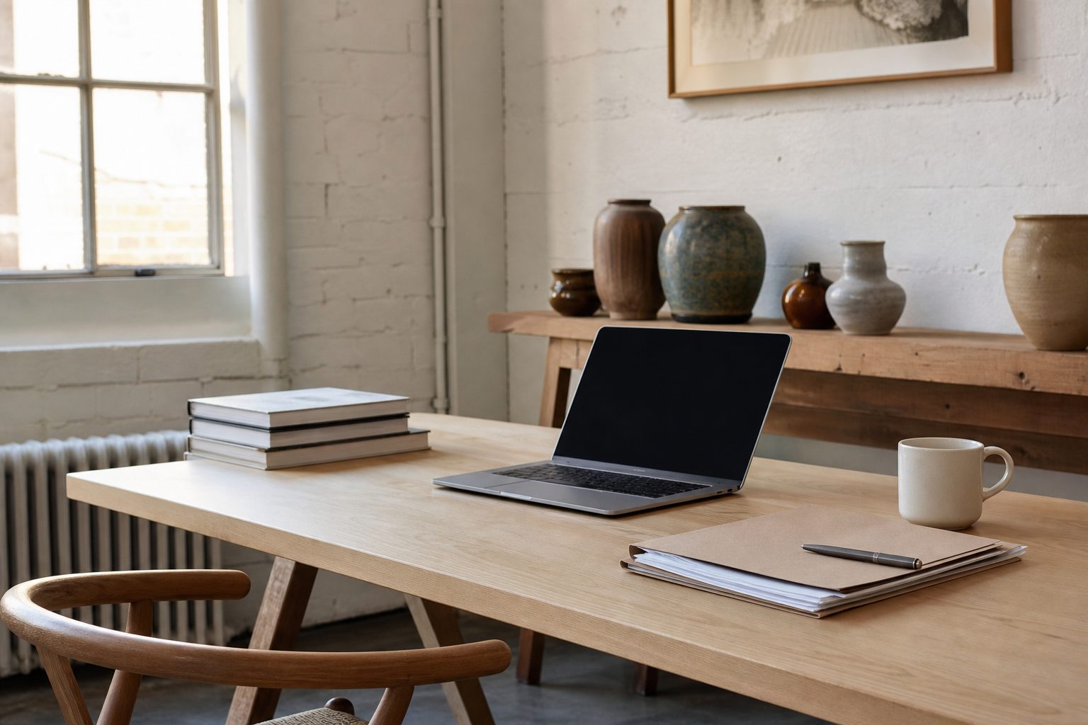 Tidy studio office corner with a laptop, paperwork folder and glazed pots on a shelf