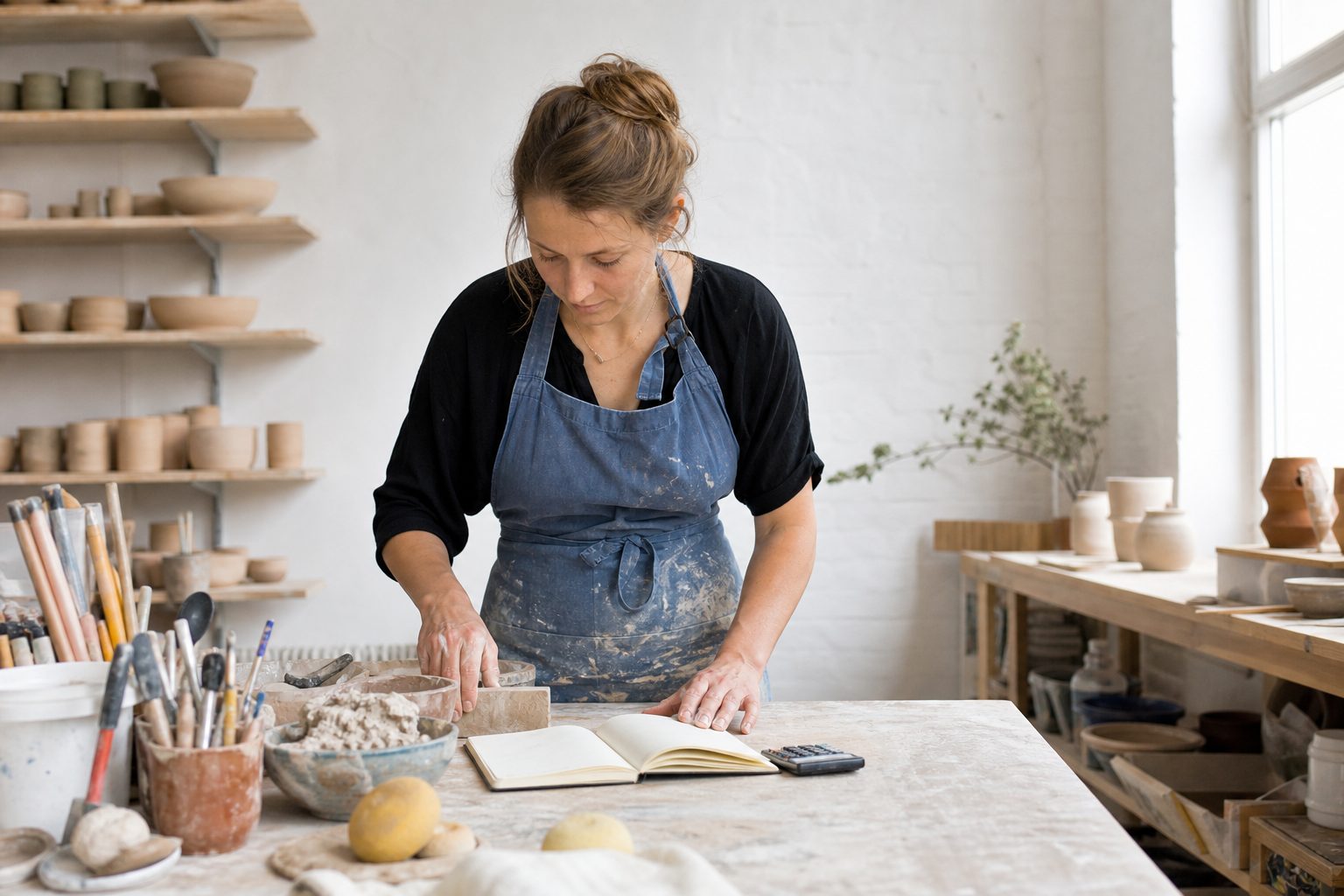 Bright pottery studio worktable with a notebook and calculator beside shelves of bisque ware