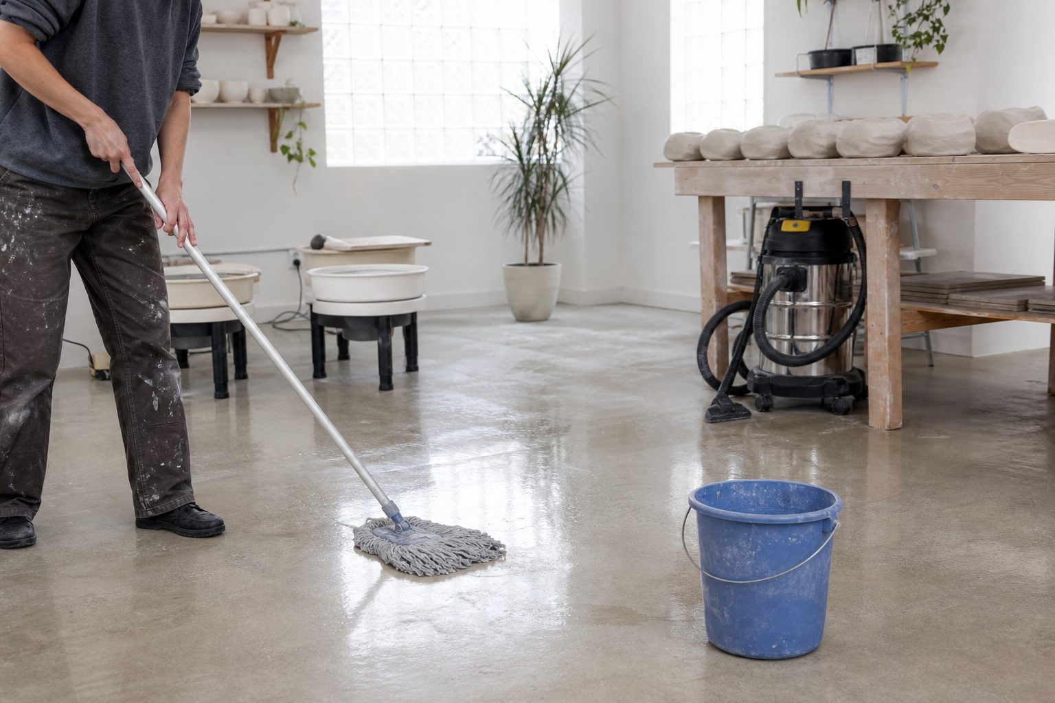 Wet mopping a pale studio floor next to a HEPA vacuum and a wedging table