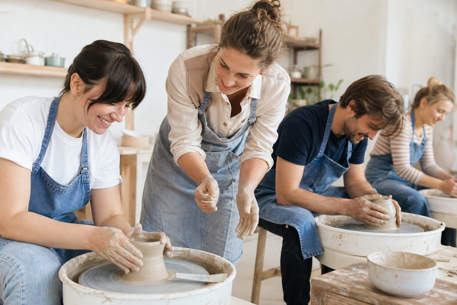 Instructor helping adult students at pottery wheels in a bright studio class