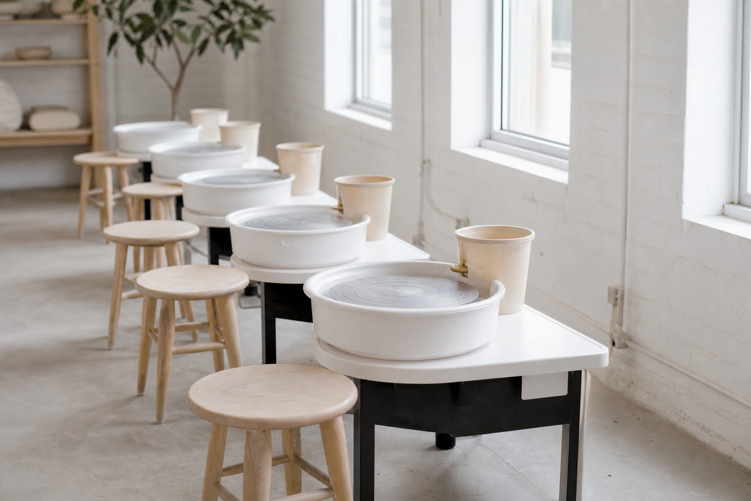 Row of clean pottery wheels with stools in a bright window lit studio