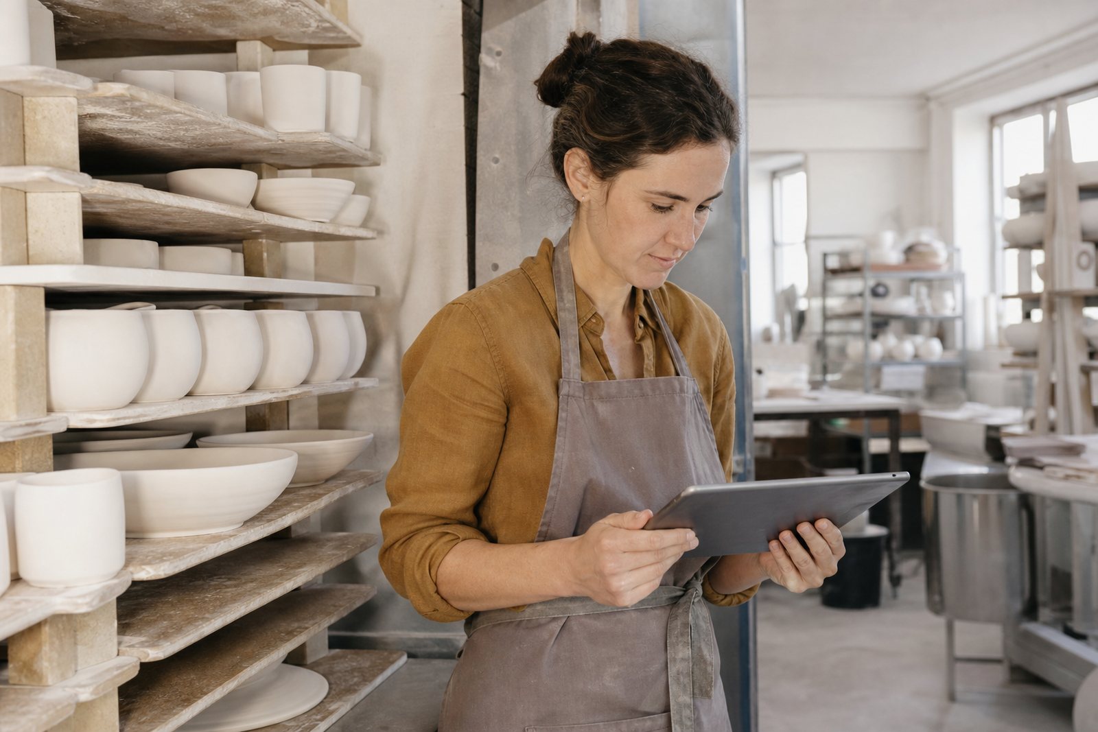 A pottery studio owner checking the kiln shelf schedule on a tablet beside loaded greenware shelves in a bright ceramics studio