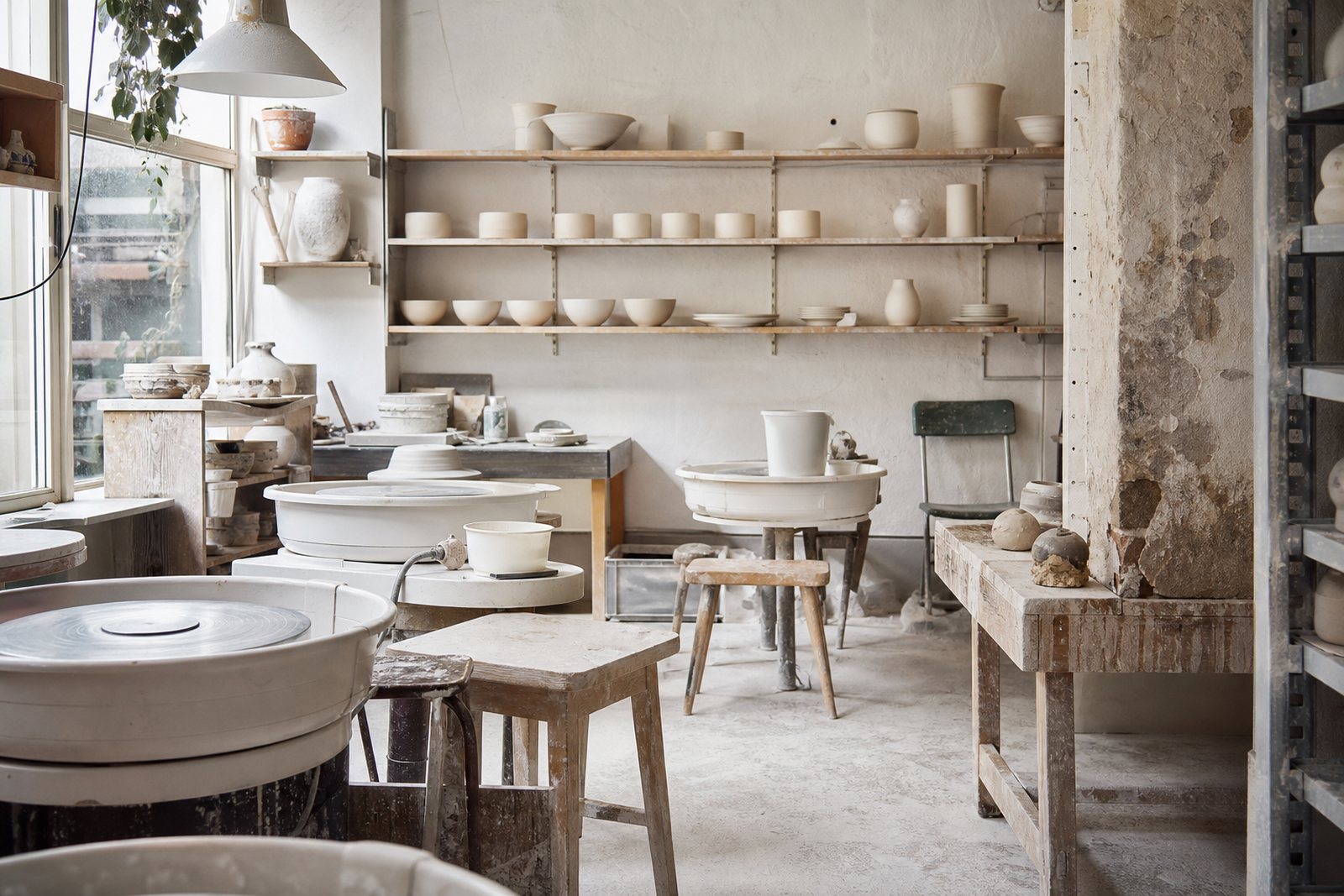 A community ceramics studio with pottery wheels and shelves of unfired pots in bright daylight